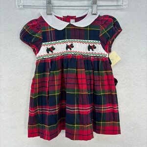 Plaid Christmas Baby Dress - Red and Navy, Scottie dogs